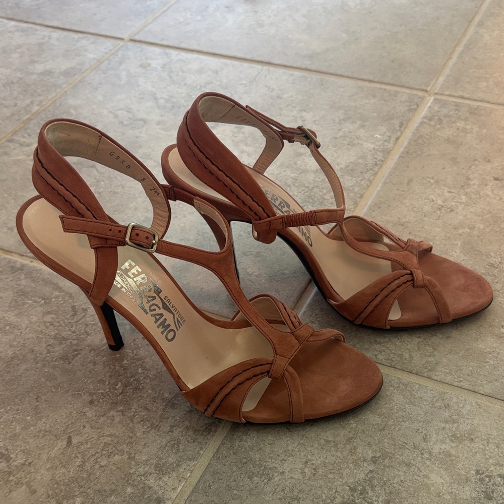 Salvatore Ferragamo Rust Brown Suede T-Strap Heels